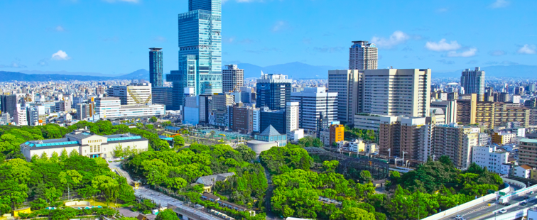 Urban skyline with skyscrapers, green park, and mountain backdrop under clear sky.