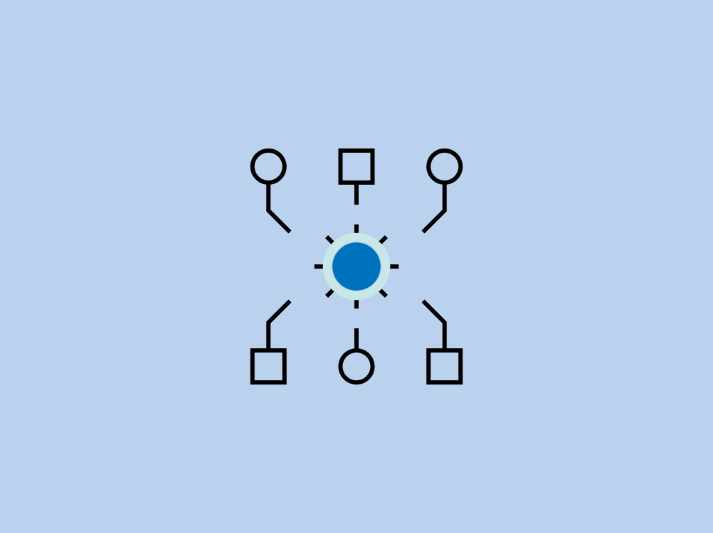 Diagram with central blue circle connected to circles and squares on light blue background.