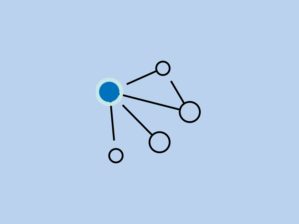 Network diagram with central blue circle linked to five smaller circles on light blue background.