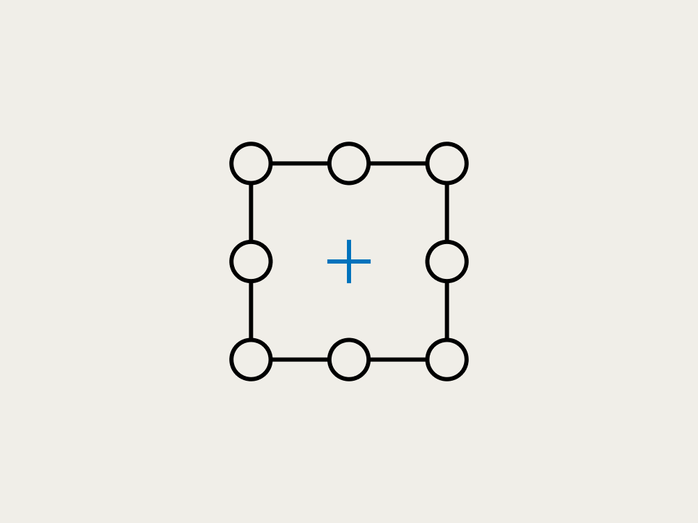 Diagram of a square grid with eight circles at corners and midpoints, and a central blue plus sign.