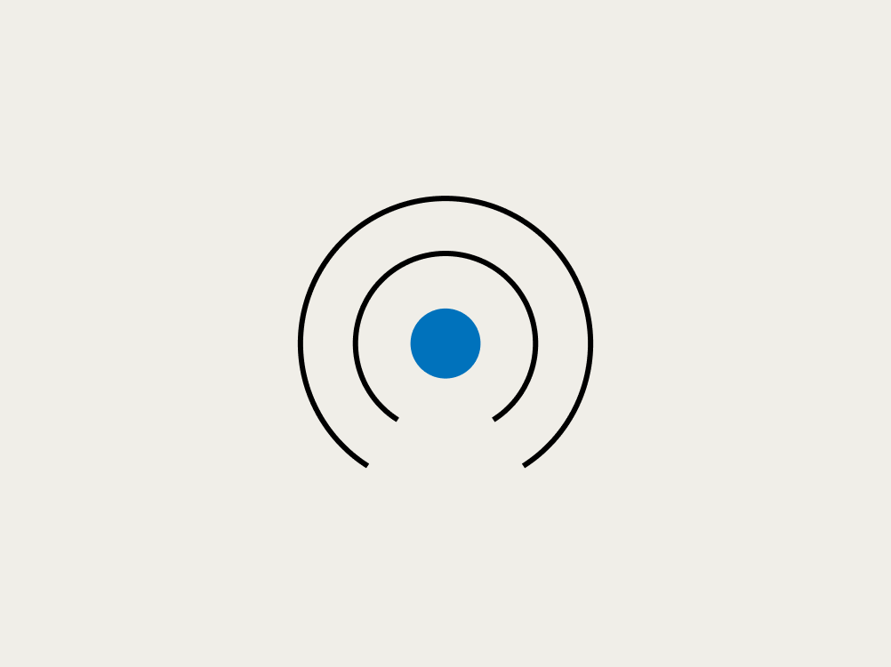 Minimalist graphic design featuring a central blue circle encircled by two black concentric arcs.