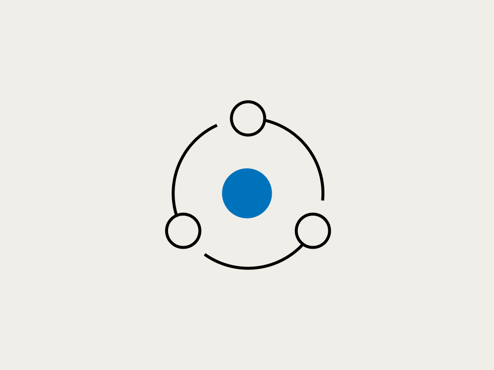 Stylized atomic model illustration featuring a central blue nucleus with three white electrons orbiting along black curved paths.