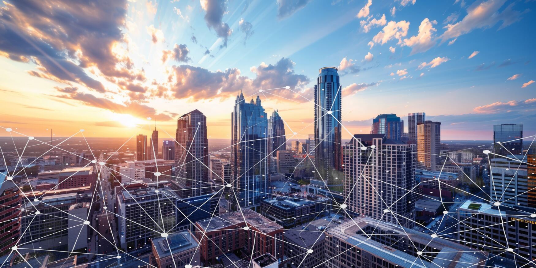 City skyline at sunset with digital network overlay symbolizing connectivity.