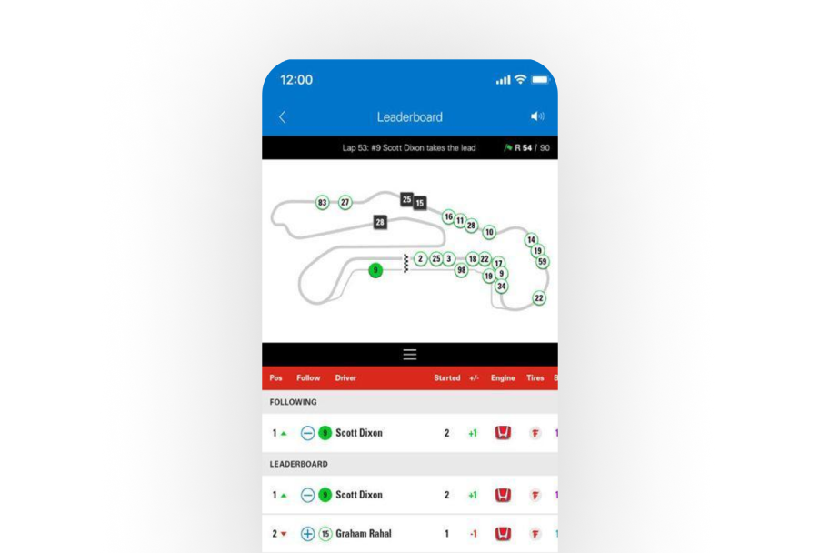 Mobile racing leaderboard interface showing live race updates, driver positions, and track map.
