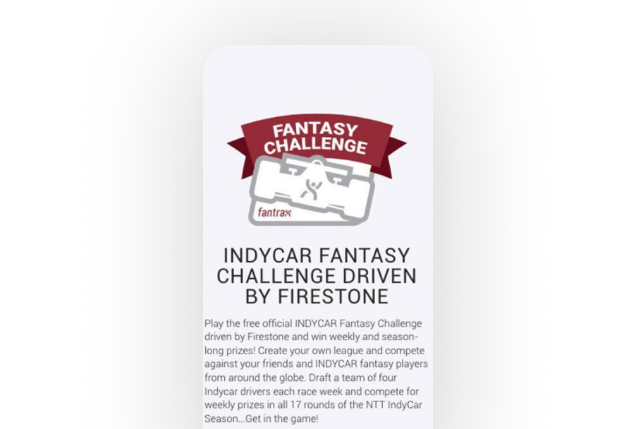 Promotional banner for the INDYCAR Fantasy Challenge driven by Firestone, inviting fans to draft drivers, join leagues, and compete for prizes throughout the NTT IndyCar Series season.