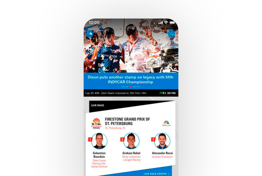 App screen showing championship update, live race status, and top finishers of the Firestone Grand Prix of St. Petersburg.