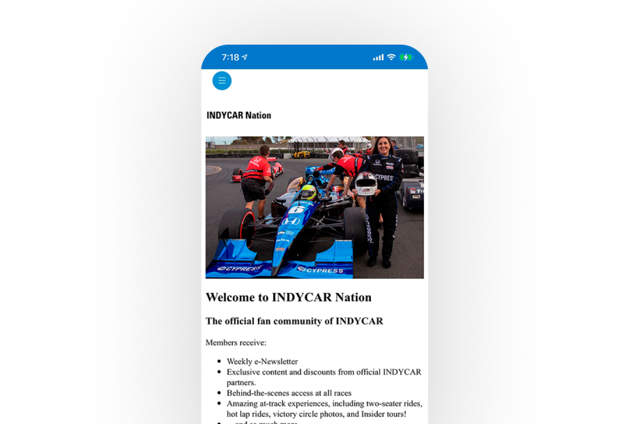INDYCAR Nation fan community webpage featuring race car number 10 and exclusive member benefits like newsletters, discounts, and behind-the-scenes race experiences.