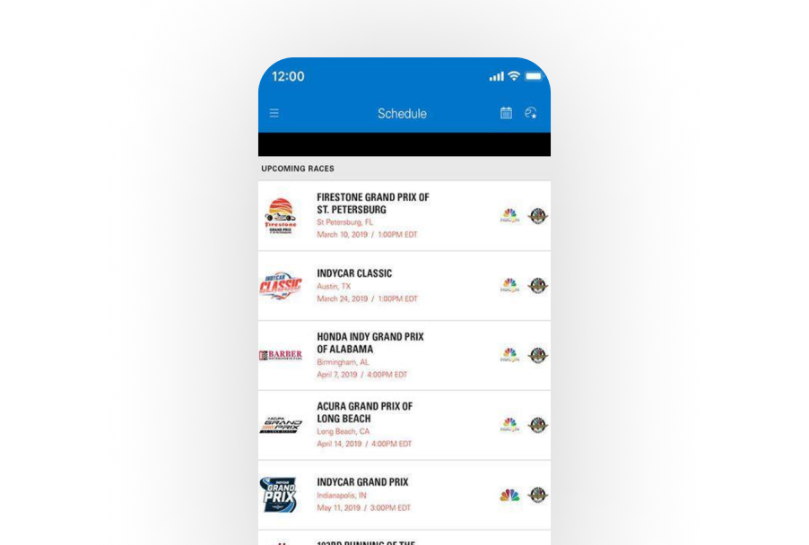 Mobile app screen displaying the 2019 INDYCAR race schedule with event names, locations, and start times.
