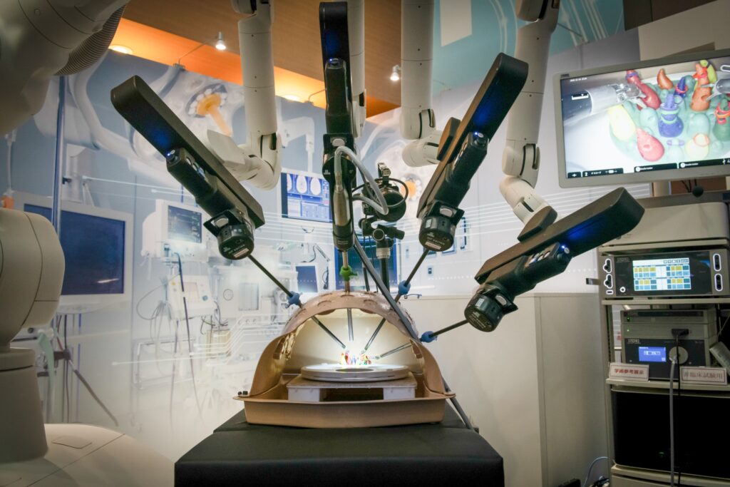 Businessman testing a prototype that allows him to perform surgery remotely using a robot