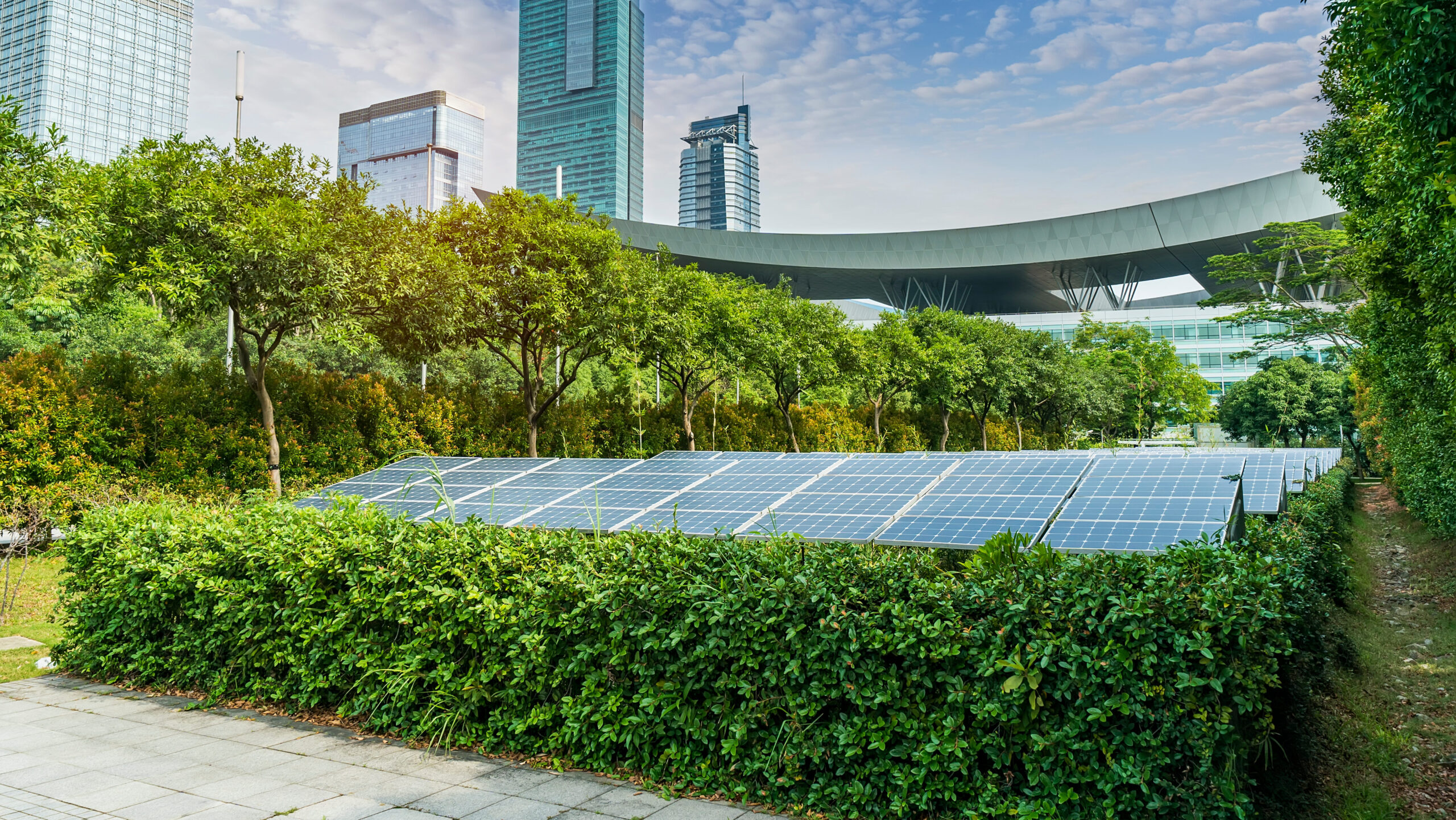 Solar panels in green urban park with modern buildings in background.