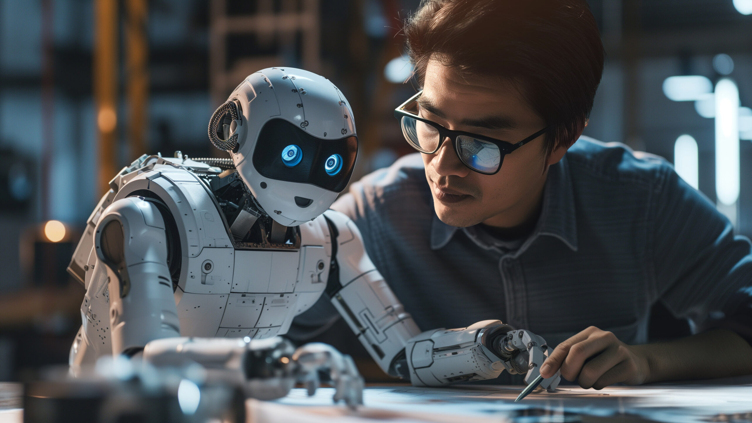 Humanoid robot interacting with person in workshop setting.