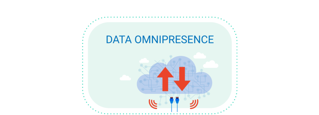 Illustration of cloud computing with upload/download arrows and network cables, symbolizing data omnipresence and connectivity.