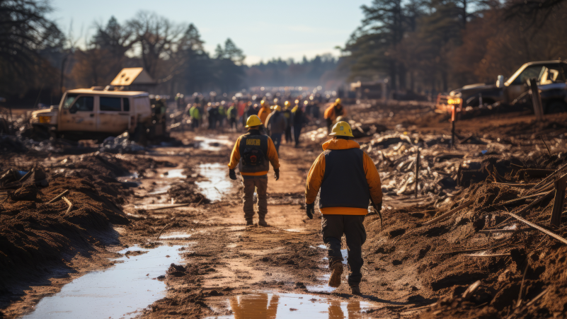 Emergency personnel inspecting an area after a flood