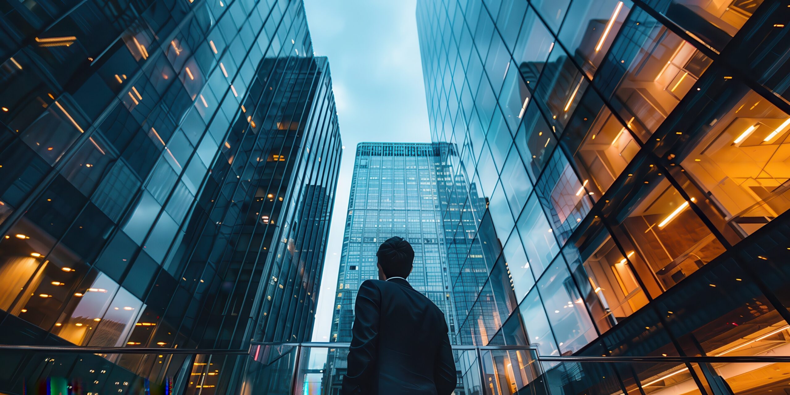 Businessman silhouette looking up at towering glass skyscrapers from inside a modern office building with reflective surfaces.