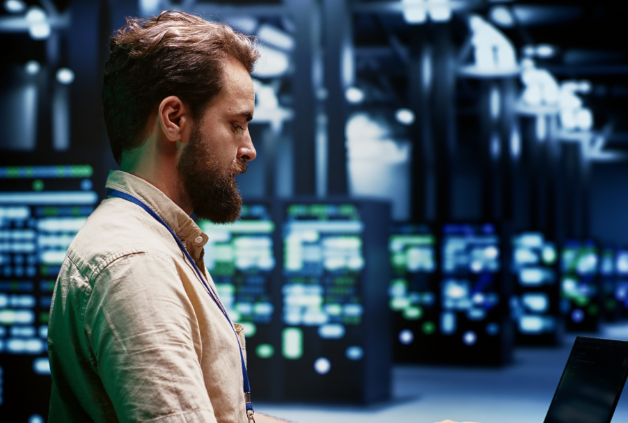 Person in a data center with rows of illuminated server racks and computer equipment.