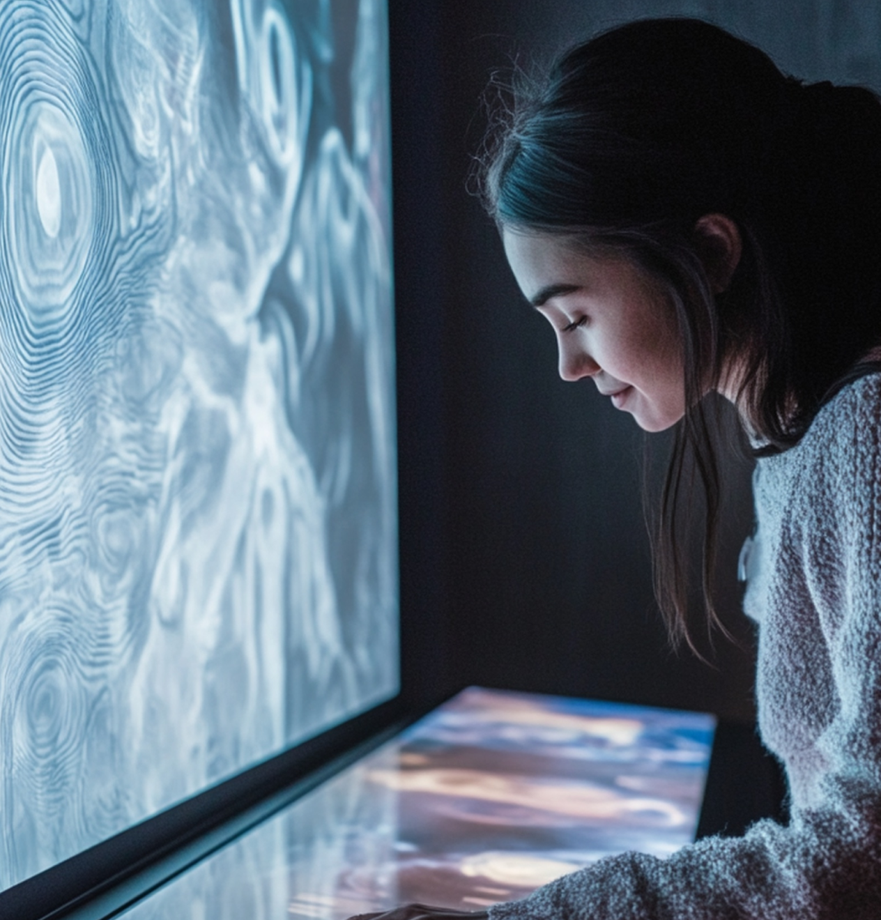 Young woman interacting with a touchable screen