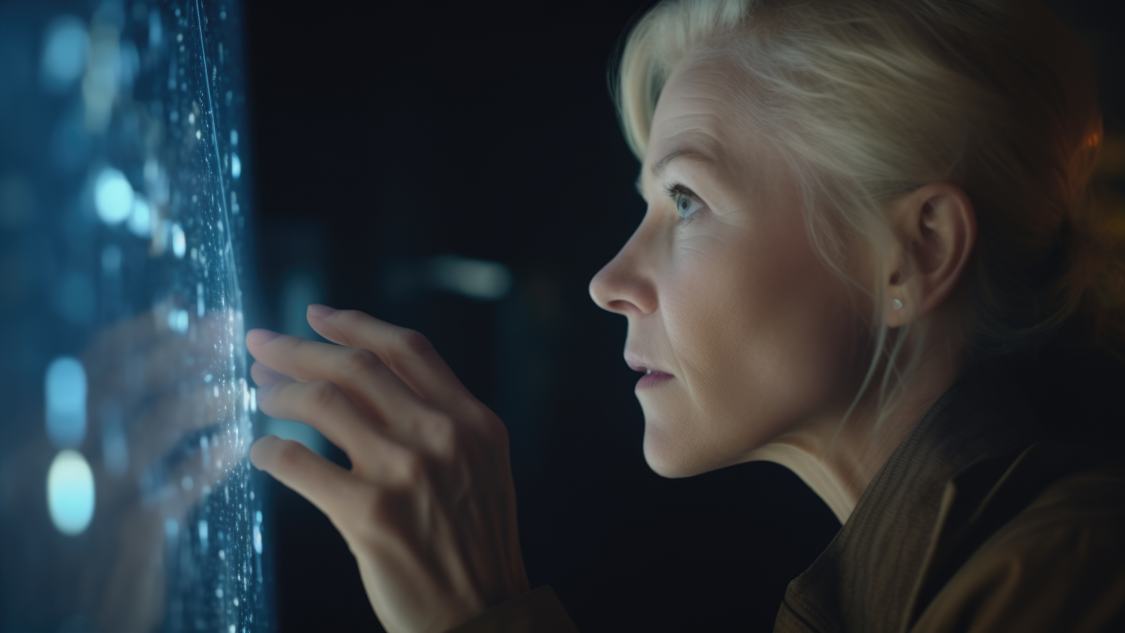 woman checking data represented as dots on a computer screen