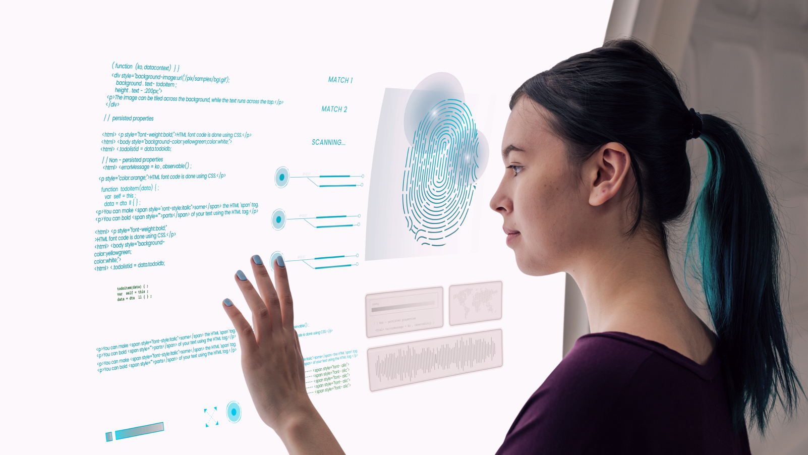 Young woman scanning her fingerprint on a touchscreen and obtaining information about herself