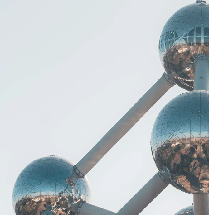 close-up of the Atomium structure in Brussels, Belgium