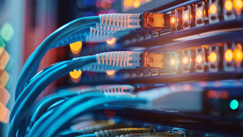 AI generated Image. Close-up of illuminated Ethernet cables with orange connector lights plugged into network equipment with colorful bokeh background.