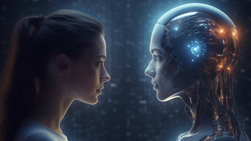 AI generated image. Woman facing an AI robot with transparent head showing glowing neural networks and circuitry, set against a dark technological background.