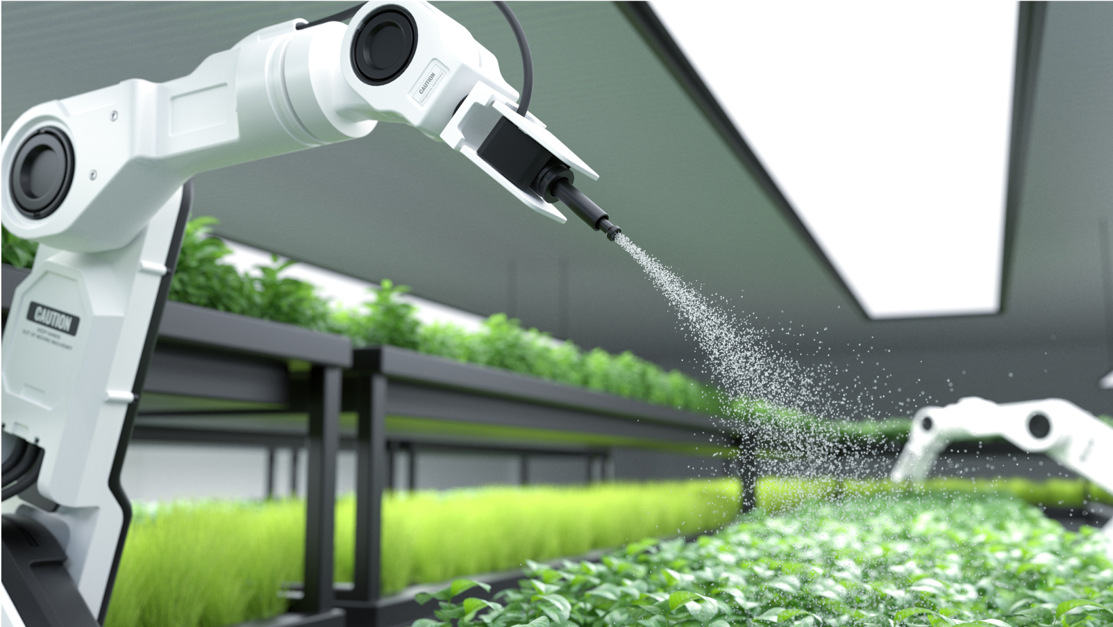 Robotic arm watering plants in an indoor farm.