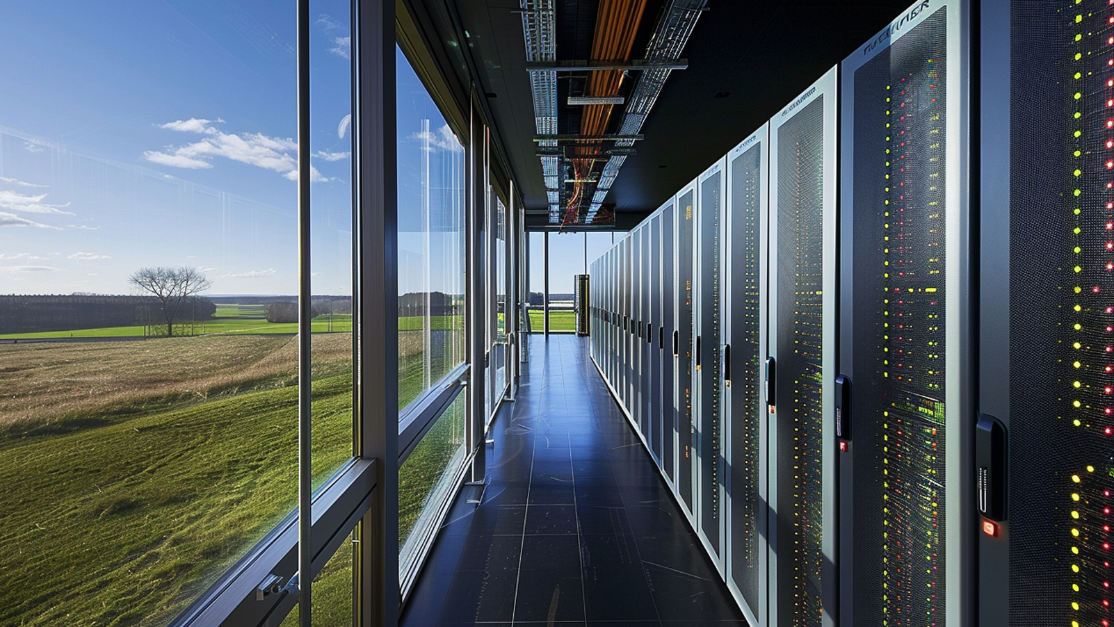 Modern data center with server racks and large window overlooking green field and blue sky.