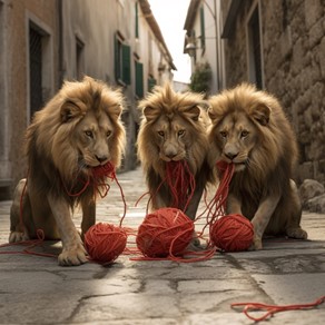 AI-generated picture of three lions biting some wool yarns
