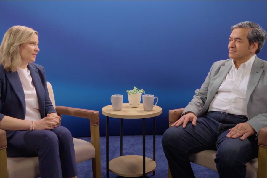 NTT DATA Head of Global Collaboration, Innovation & Growth, Akhil Uniyal, being interviewed by Megan Dahlgren