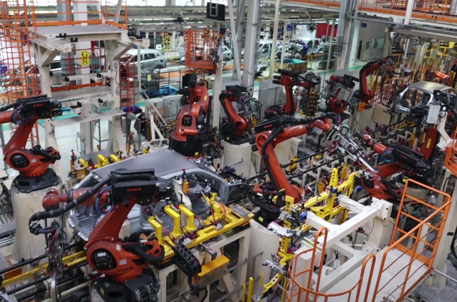 automated car factory with robots