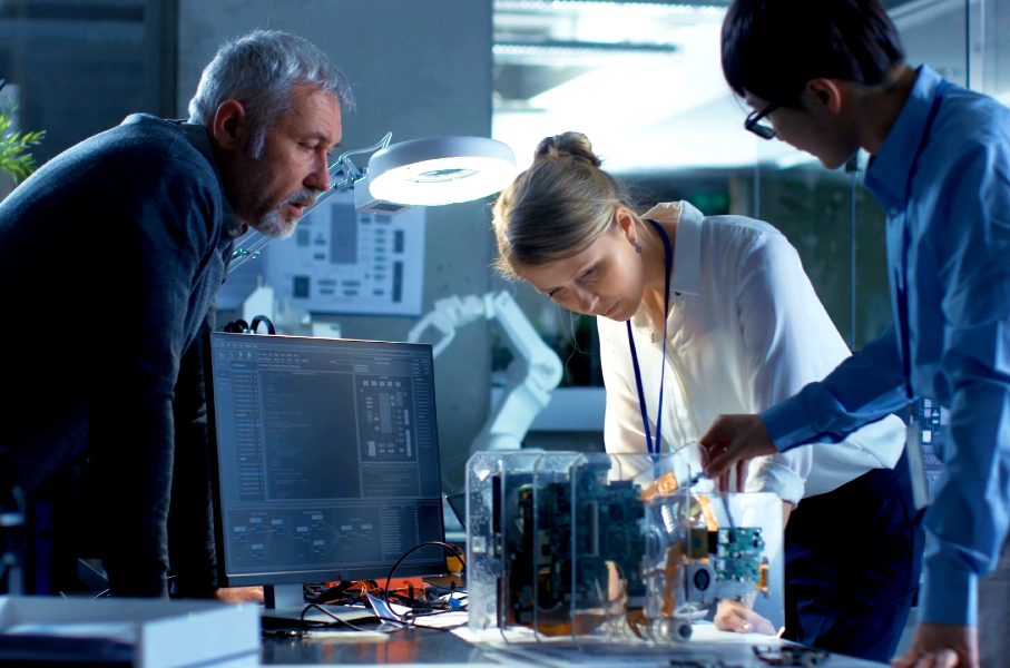 three coworkers reviewing the operation of a prototype