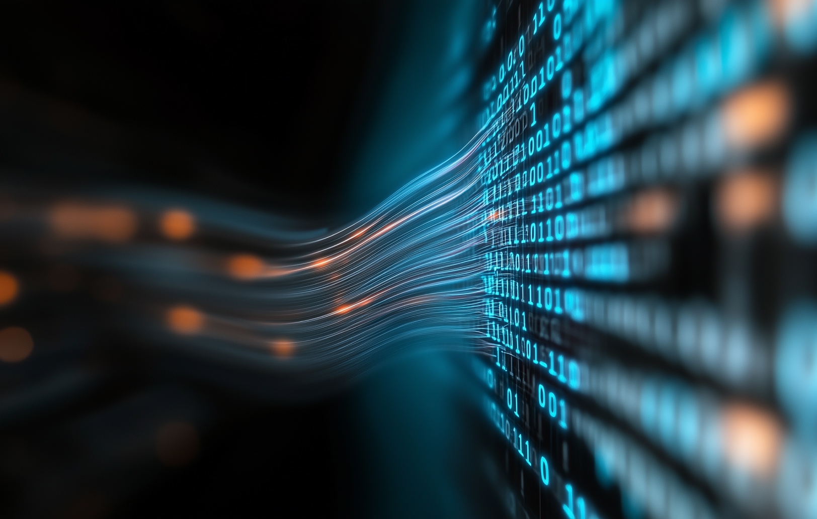 Binary code represented in blue and orange colors and getting out of the network