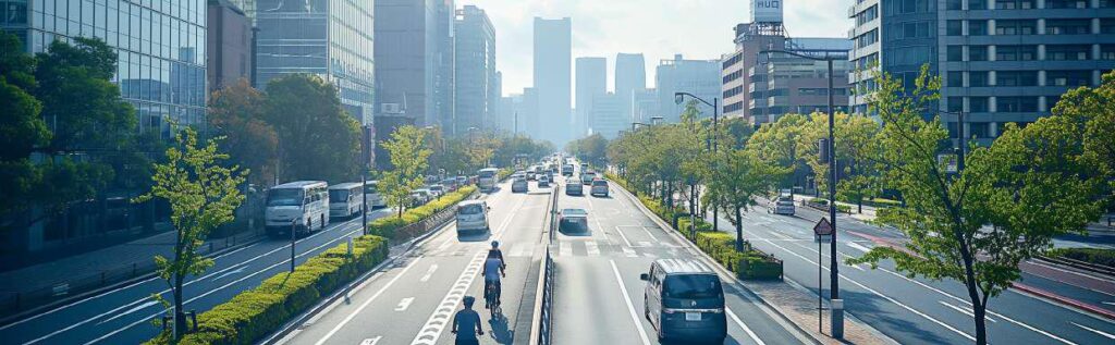 a road with cars and bikes surrounded by trees and high buildings