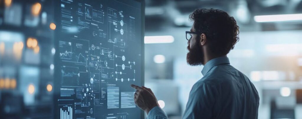 man working with data and diagrams on a touchable screen