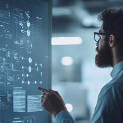 Man working on an interactive screen