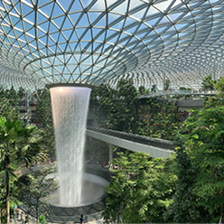 waterfall inside a building, surrounded by abundant vegetation